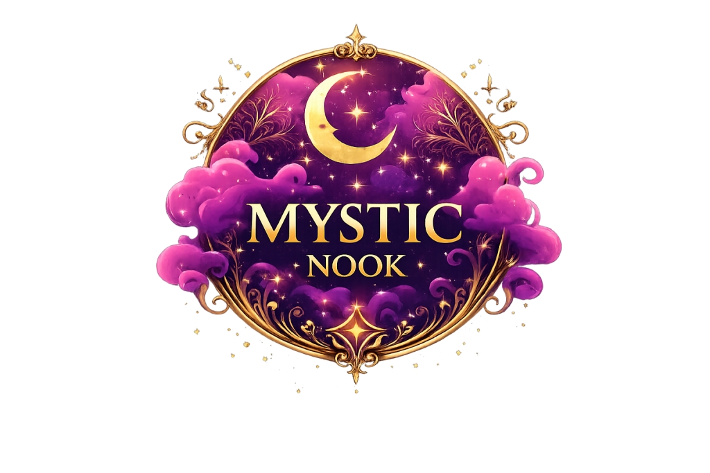 Mystic Nook logo with gold crescent and magenta clouds